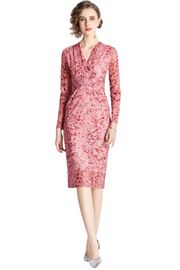 High Quality Vintage Designer V Neck Elegant Pink Sheath Dress