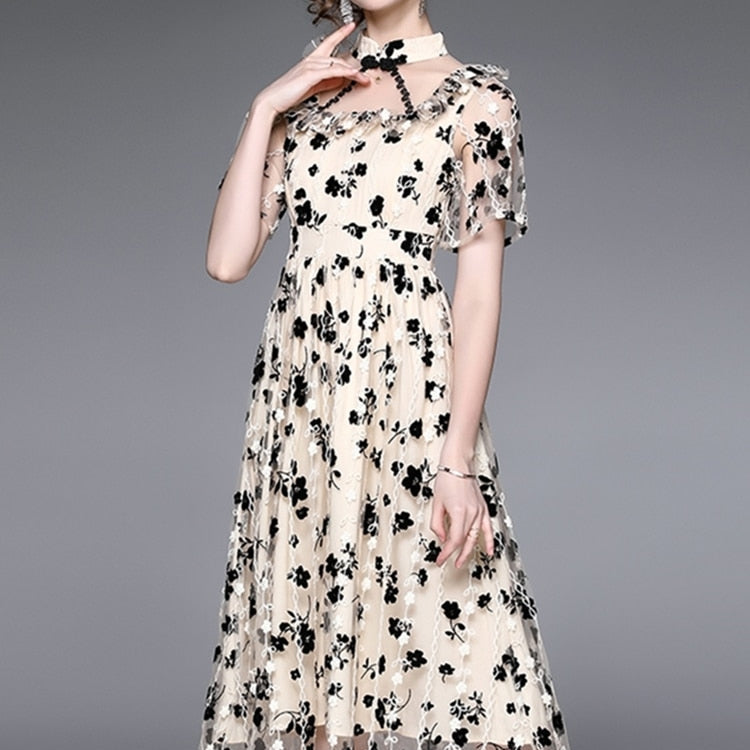 Women Summer Elegant Flocking Dress Festa High Quality Lace Cocktail Party Robe Femme Vintage Designer Mesh Vestidos
