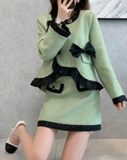 French Style Two Piece Suit Vintage Bow Ruffles Coat Simple Solid Skirt