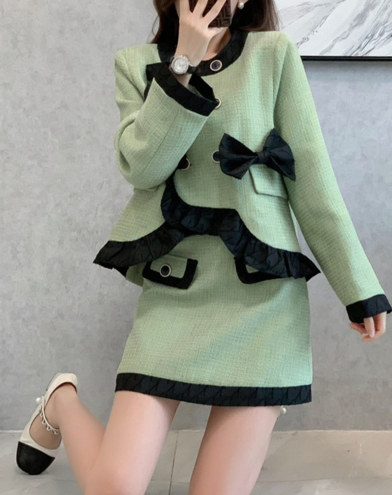 French Style Two Piece Suit Vintage Bow Ruffles Coat Simple Solid Skirt