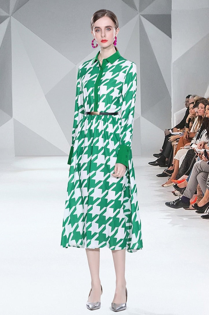 Elegant print long dress with long sleeves and high quality elastic waist