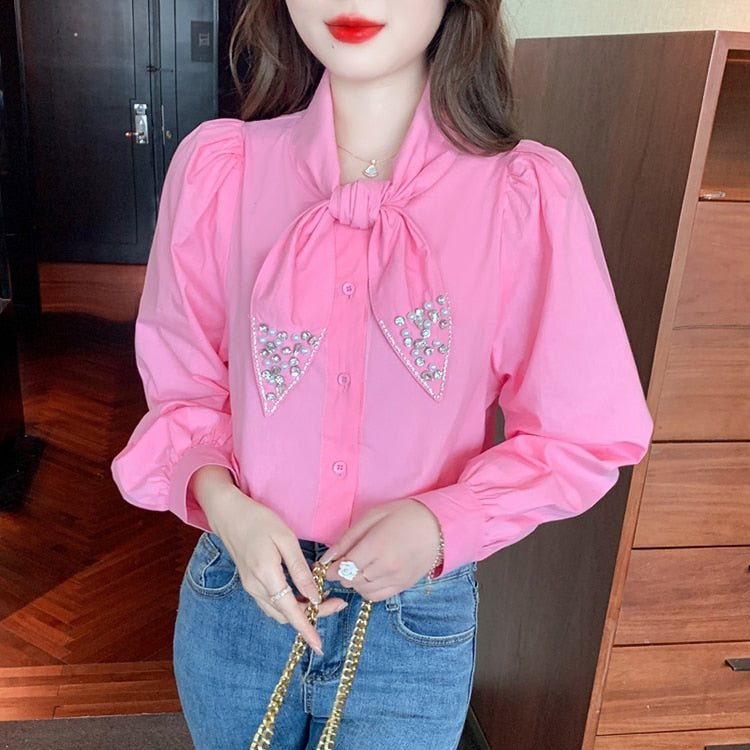 Rhinestone Fashion Office Chiffon Blouse Womens Blouses Vintage Casual Top Long Sleeve Blusas Loose Shirts