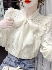 Women Spring Autumn Style Blouses Shirts Lady Casual Long Sleeve Bow Tie Collar Lace Blusas Tops DD9341