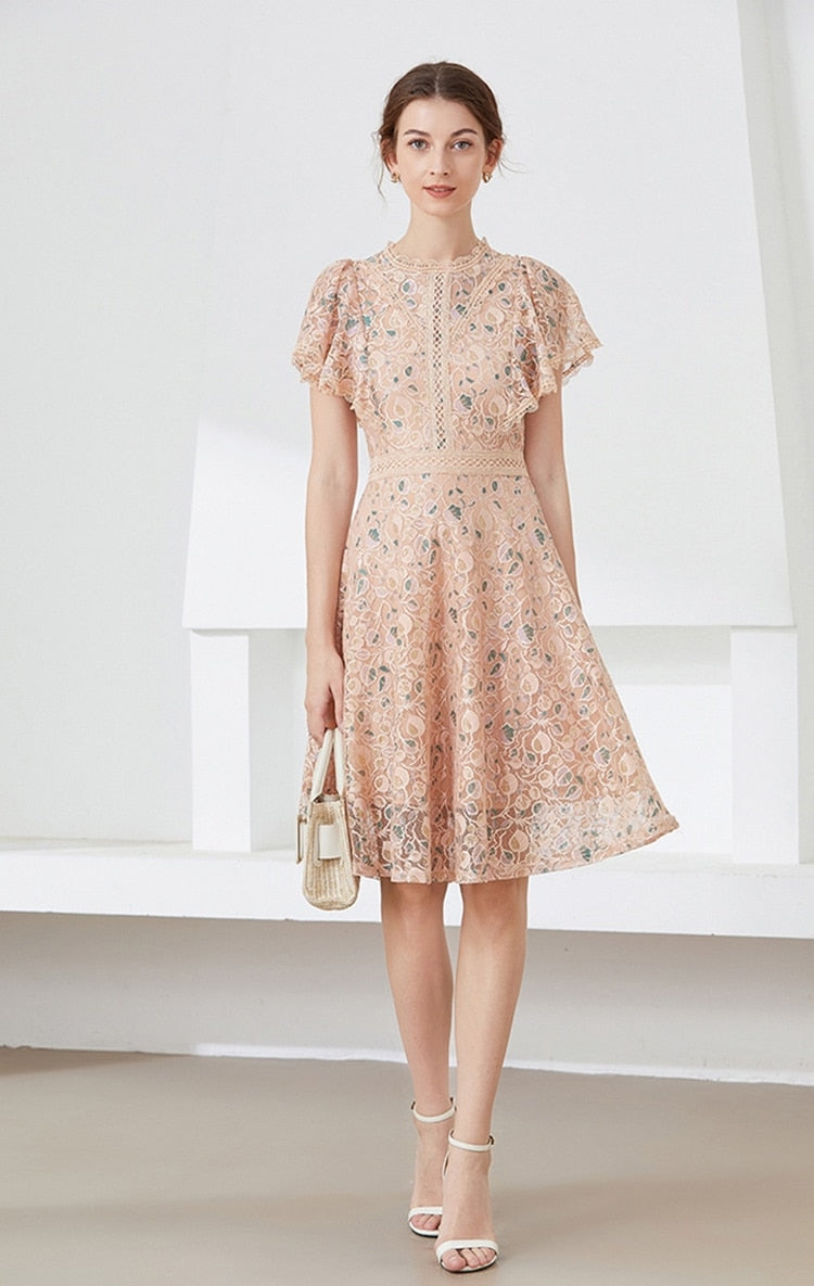 High quality multi color vintage designer flared elegant lace dress