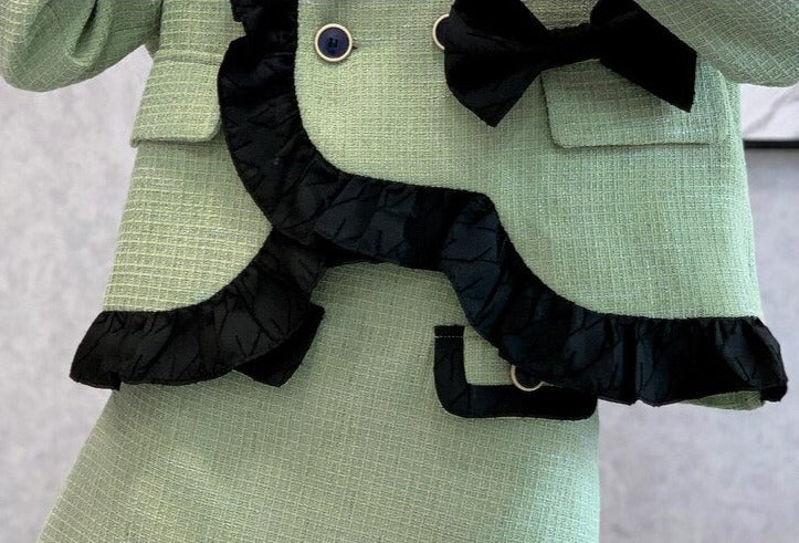 French Style Two Piece Suit Vintage Bow Ruffles Coat Simple Solid Skirt