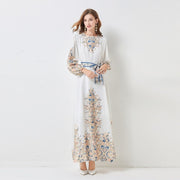High Quality Floral Print Long Sleeve Elegant High Waist Maxi Dress