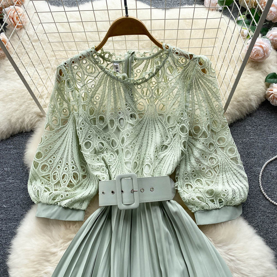 High quality vintage belted round neck half sleeve hollow out lace dress