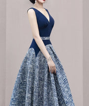 High Quality Sleeveless V Neck Elegant Blue Dress
