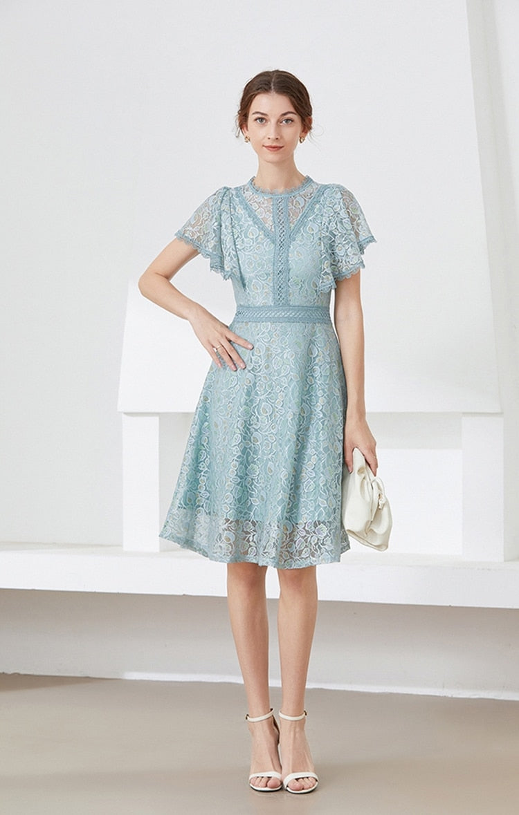 High quality multi color vintage designer flared elegant lace dress