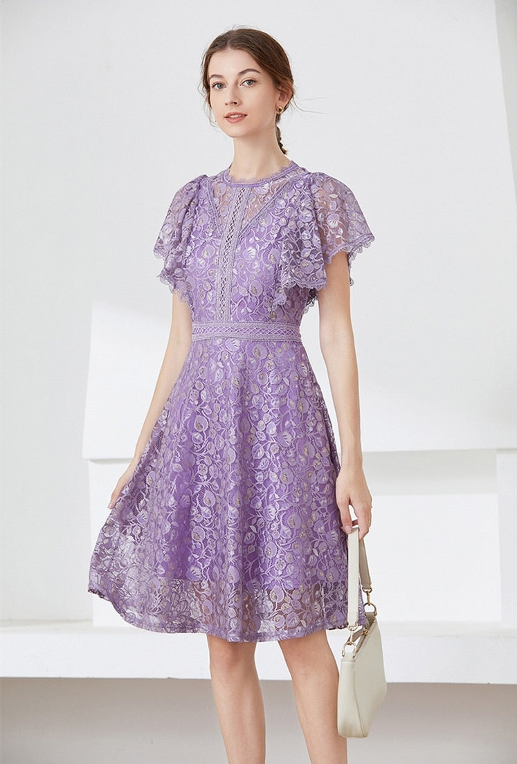 High quality multi color vintage designer flared elegant lace dress