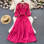 High quality vintage belted round neck half sleeve hollow out lace dress