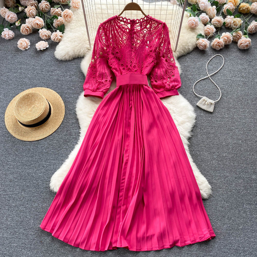 High quality vintage belted round neck half sleeve hollow out lace dress