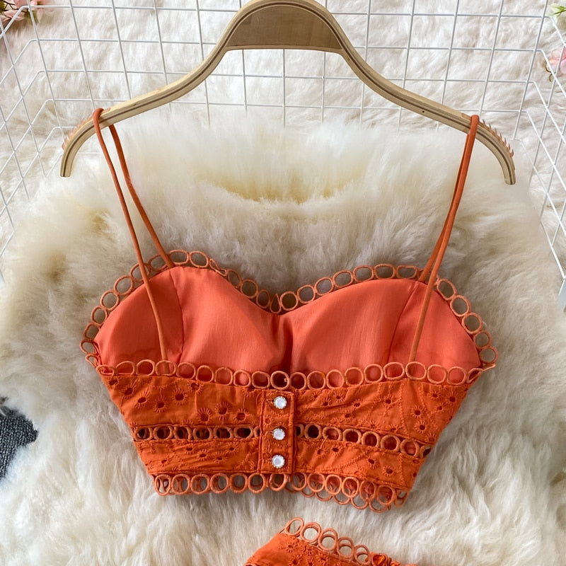 Embroidery Two Piece Set Sexy Backless Tube Top + High Waist Irregular Bodycon Skirt High Quality