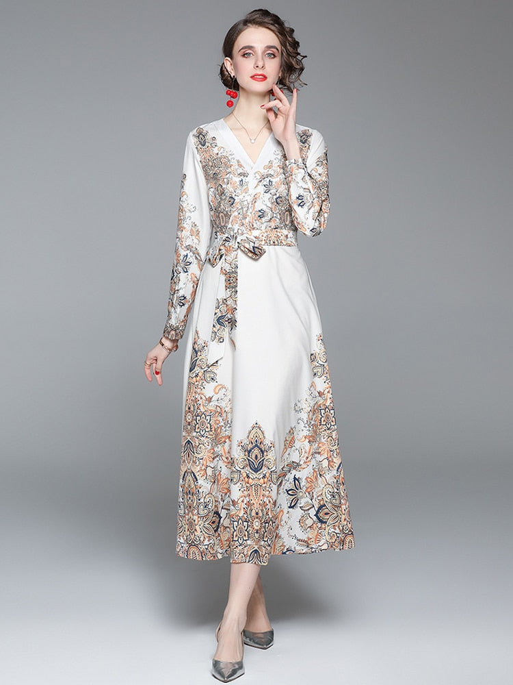 V Neck Long Lantern Sleeve Baroque Flower Print Elegant Lace Up Belted Maxi Dress