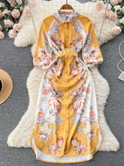 Dress High Neck Puffed Sleeve Floral Print with Belt