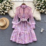 High Quality Belted Lantern Sleeve High Neck Floral Dress