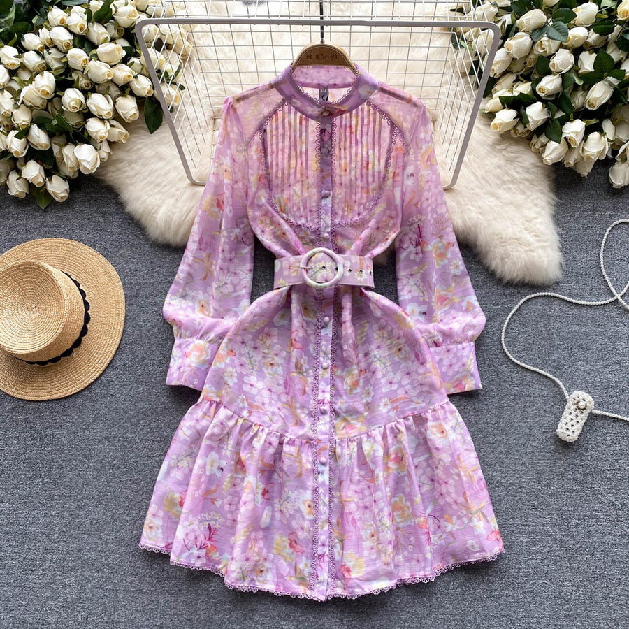 High Quality Belted Lantern Sleeve High Neck Floral Dress