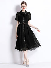 High Quality Elegant Short Sleeve Black Lace Midi Dress