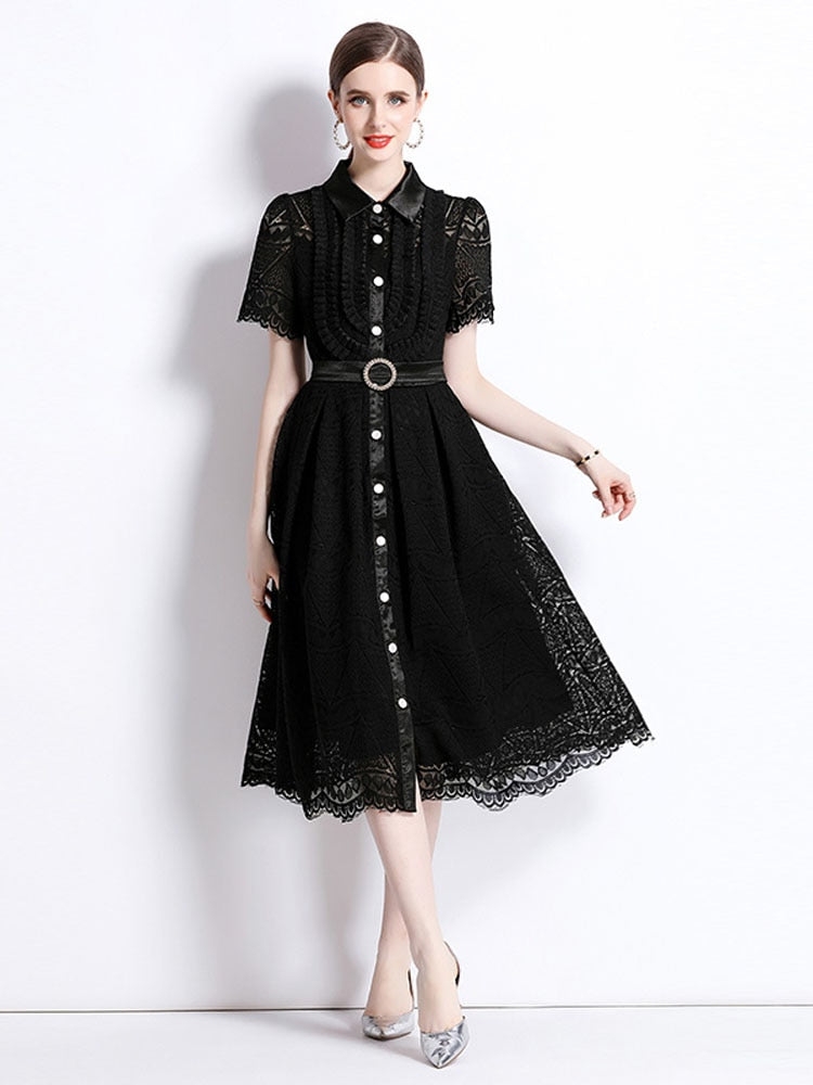 High Quality Elegant Short Sleeve Black Lace Midi Dress