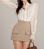 2 Piece Set Long Sleeve Lace Blouses + Pencil Skirt