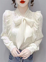 Women Spring Autumn Style Blouses Shirts Lady Casual Long Sleeve Bow Tie Collar Lace Blusas Tops DD9341