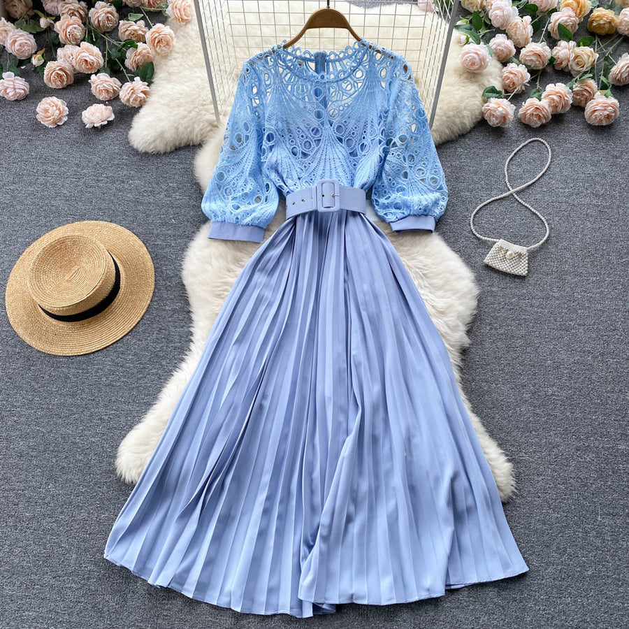 High quality vintage belted round neck half sleeve hollow out lace dress