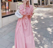 Pink dress with collar long sleeves with pocket on the sides and high quality bow