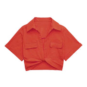 Safari style short blouse Pockets Patch Knotted Linen