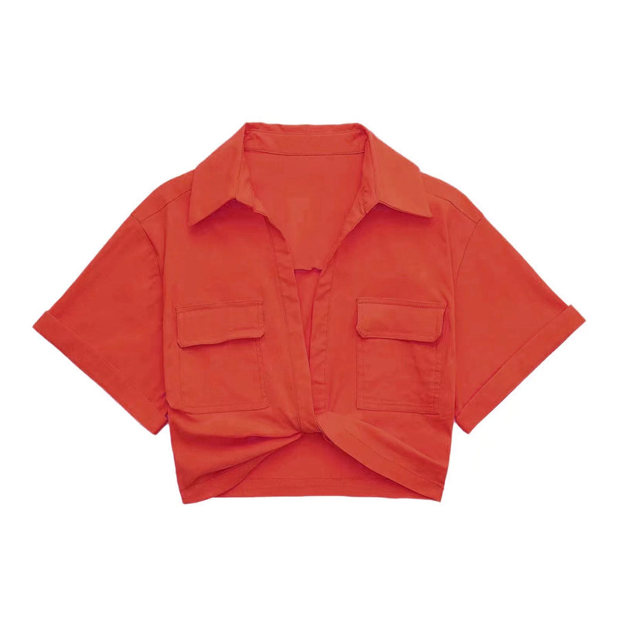 Safari style short blouse Pockets Patch Knotted Linen