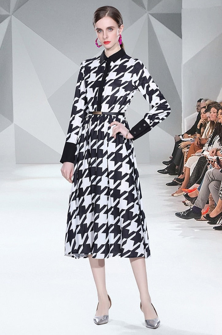 Elegant print long dress with long sleeves and high quality elastic waist