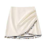Casual Linen Skirt with Side Pleats and Irregular Hem