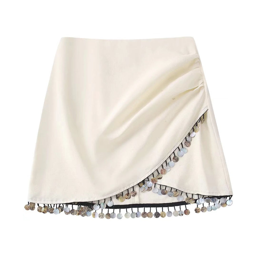 Casual Linen Skirt with Side Pleats and Irregular Hem