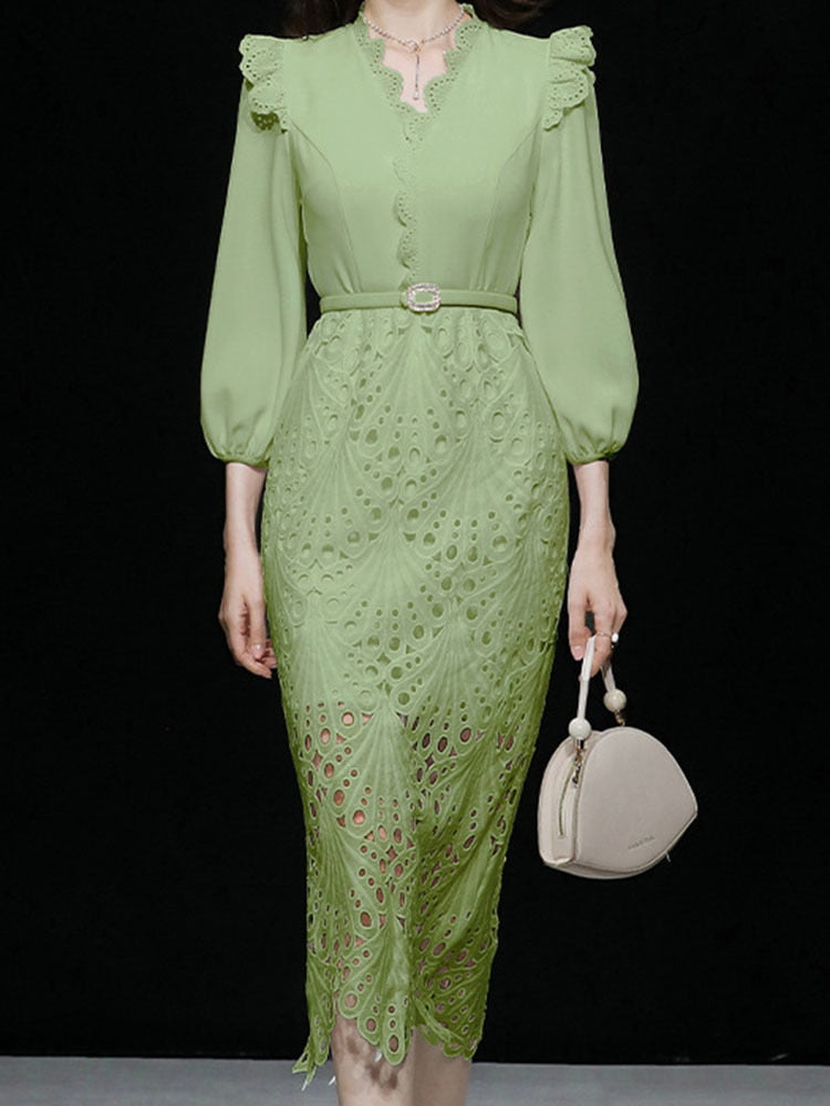 High Quality Slim Waist Three Quarter Sleeve V Neck Lace Elegant Dress