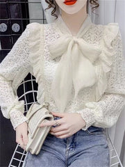 Women Spring Autumn Style Blouses Shirts Lady Casual Long Sleeve Bow Tie Collar Lace Blusas Tops DD9341
