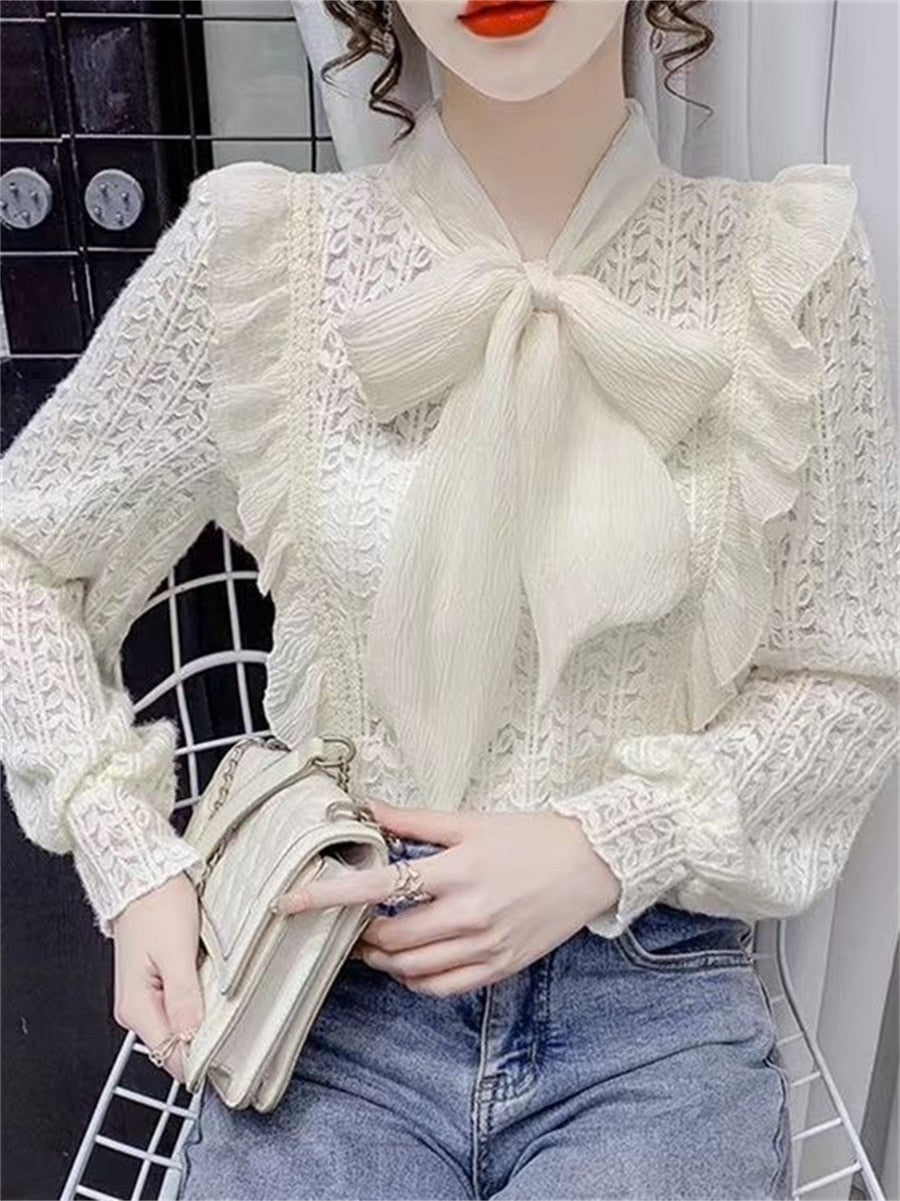 Women Spring Autumn Style Blouses Shirts Lady Casual Long Sleeve Bow Tie Collar Lace Blusas Tops DD9341