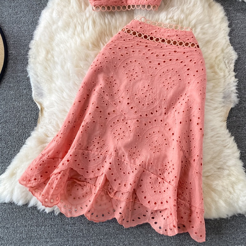 Embroidery Two Piece Set Sexy Backless Tube Top + High Waist Irregular Bodycon Skirt High Quality