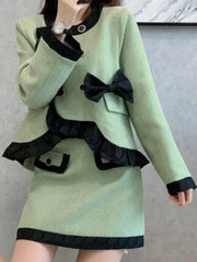 French Style Two Piece Suit Vintage Bow Ruffles Coat Simple Solid Skirt