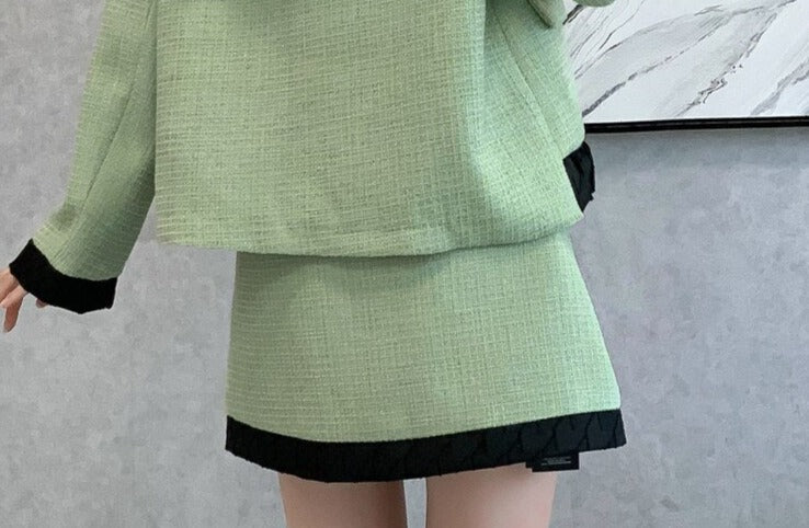 French Style Two Piece Suit Vintage Bow Ruffles Coat Simple Solid Skirt
