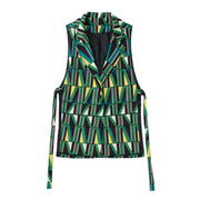 Sleeveless Geometric Print Side Slit Ribbon Vest and Pants Set