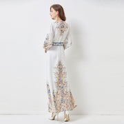 High Quality Floral Print Long Sleeve Elegant High Waist Maxi Dress