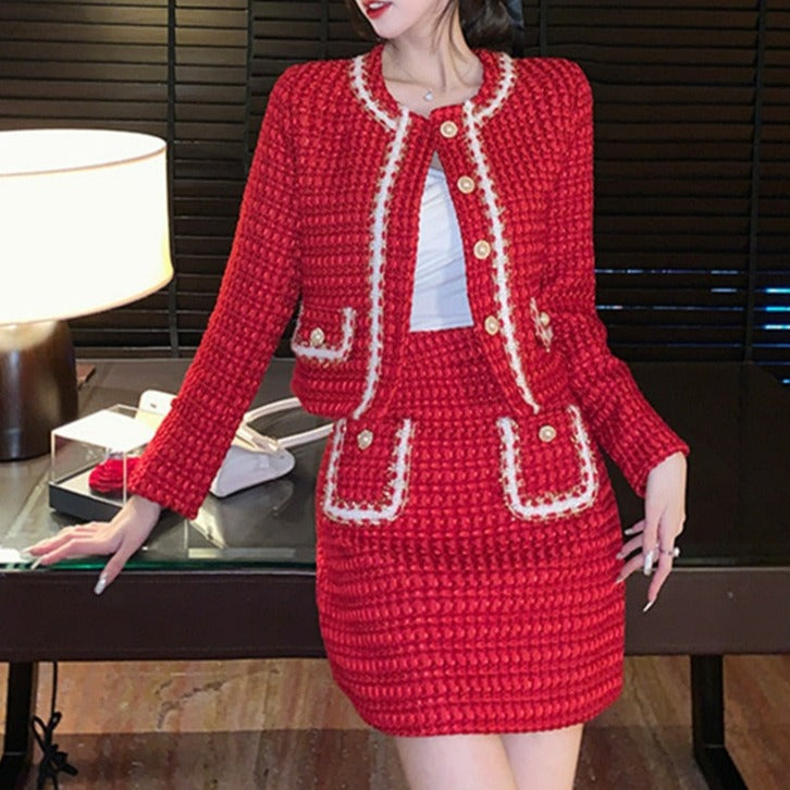 Autumn Winter Fashion Plaid Red Woolen Two Piece Set Women Pearls Single Breasted Fringed Tweed Jacket Coat + Pocket Mini Skirt