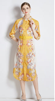 Dress High Neck Puffed Sleeve Floral Print with Belt