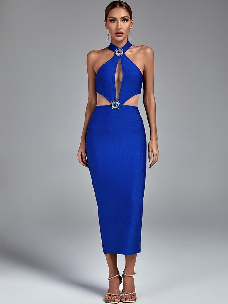 Blue Legant Bodycon Sexy Cut Out Midi Bodycon Dress