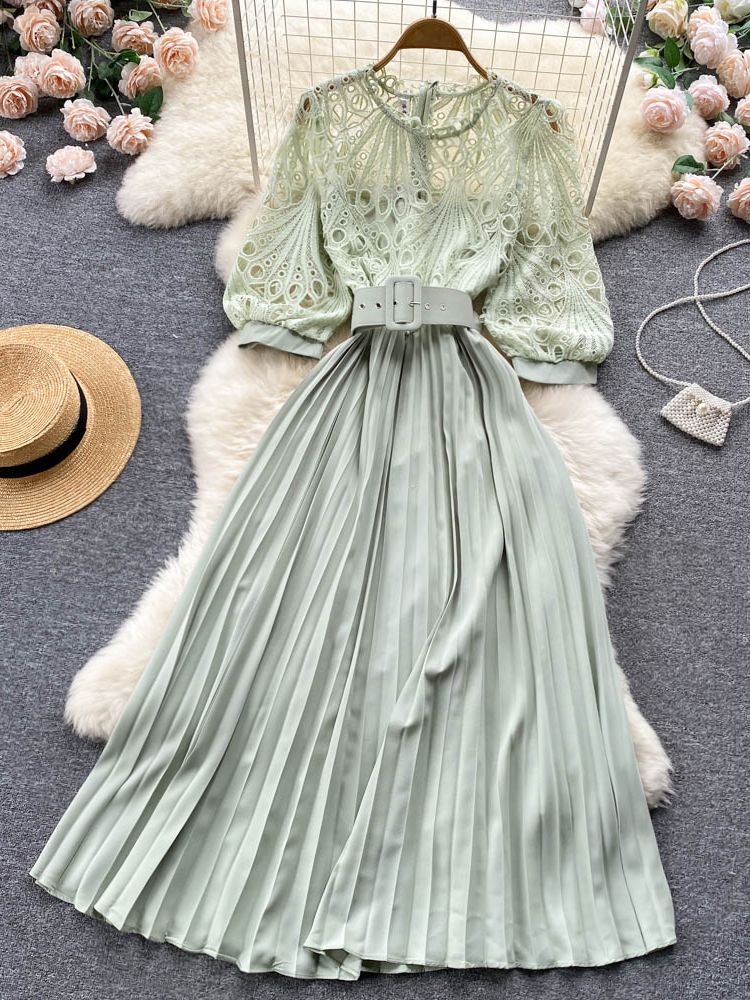 High quality vintage belted round neck half sleeve hollow out lace dress