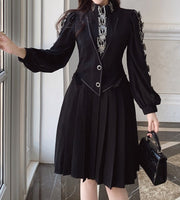 High Quality Pleated Long Sleeve Black Elegant Dress