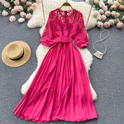 High-quality multi-color belted pleated lace dress with long sleeves