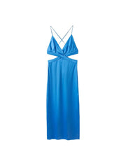 Satin V Neck Solid Hollow Out Backless Side Slit Dress