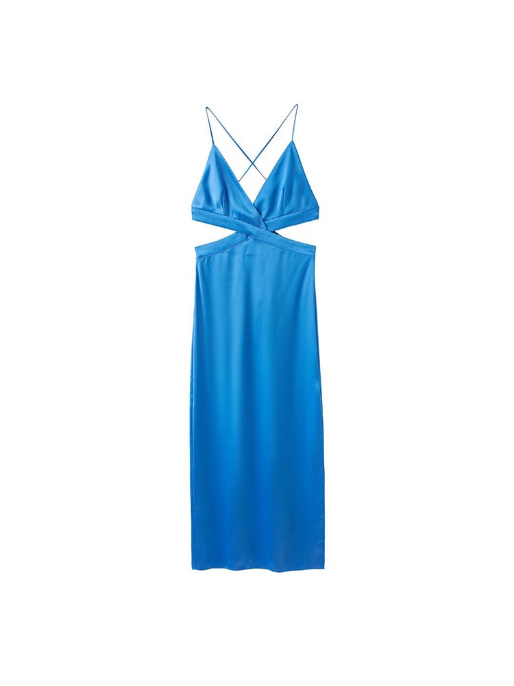 Satin V Neck Solid Hollow Out Backless Side Slit Dress