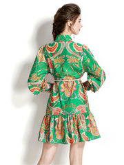 High quality vintage long sleeve single breasted lace belt print blue green shirt dress