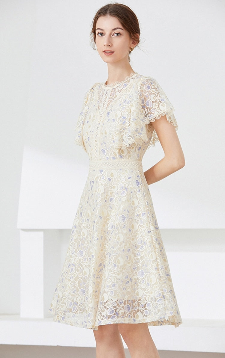 High quality multi color vintage designer flared elegant lace dress